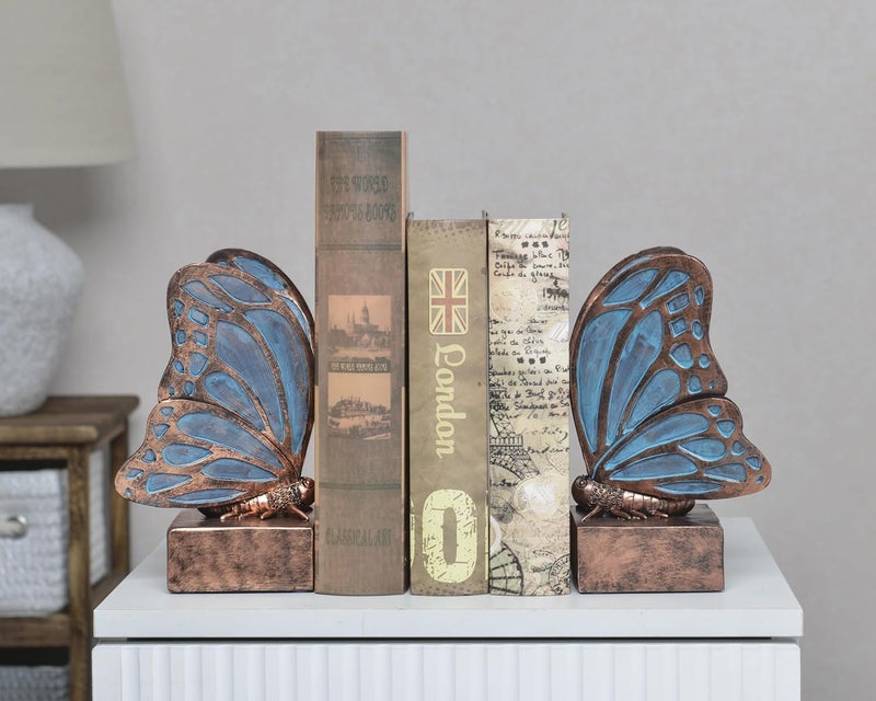 Kakizzy Vintage Blue Butterfly Bookends,Resin Book Ends for Shelves,Heavy Duty Decorative Bookends,Creative Book Stopper Holder Decor for Desk Home Office,Shelf Decoration,Gifts for Mother's Day - Image 2